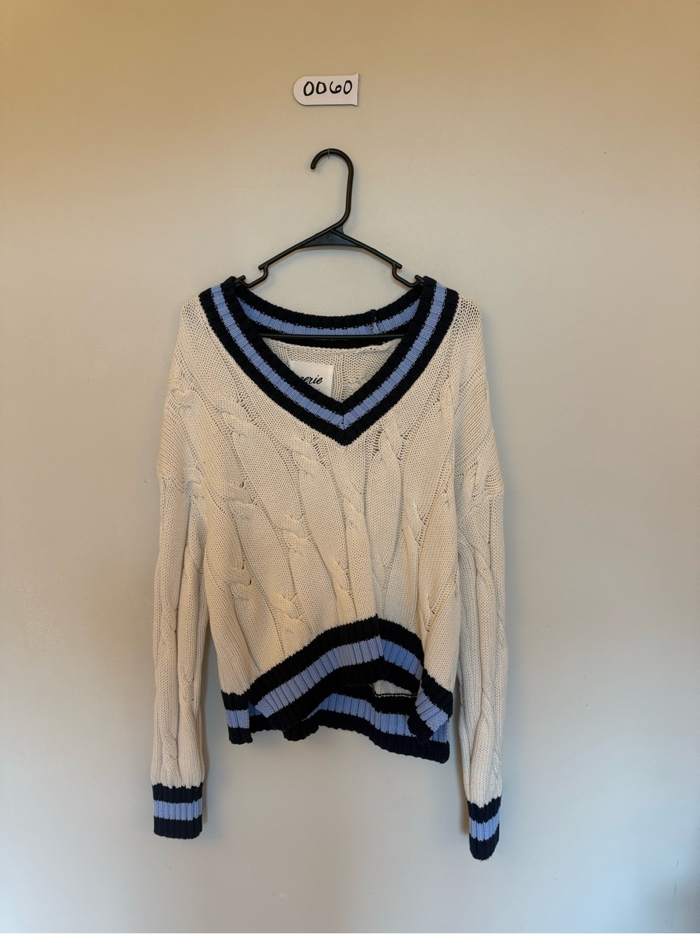 aerie Cream Cable V-Neck Sweater with Navy and Light Blue Trim